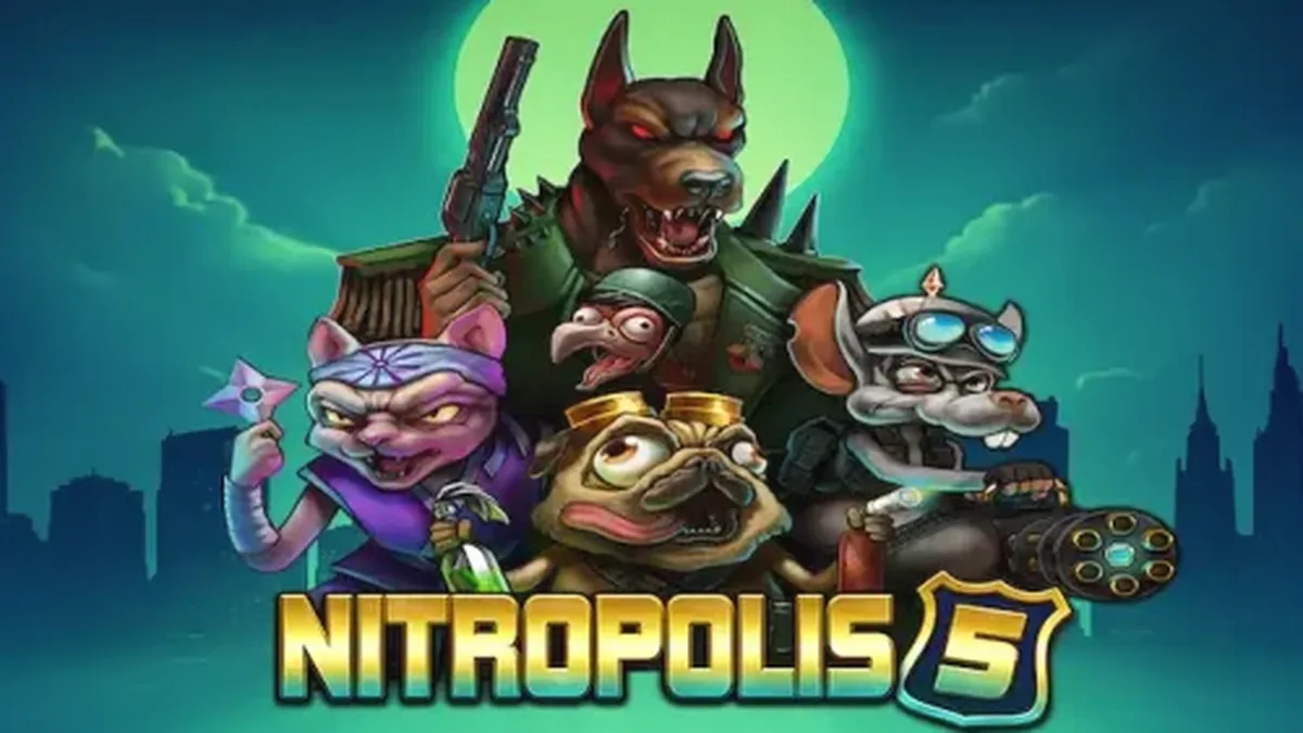 Interface do jogo de slot Nitropolis 5 com elementos visuais de guerra distópica
