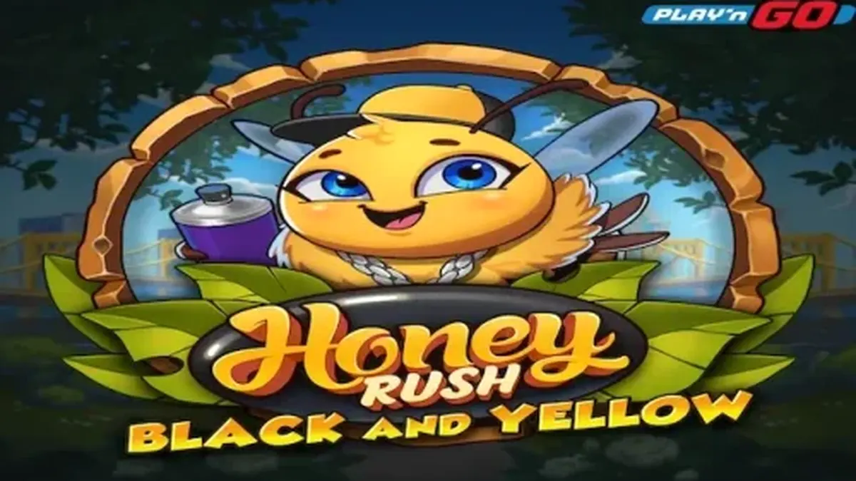 Interface do slot Honey Rush Black and Yellow com tema urbano e colmeia neon.