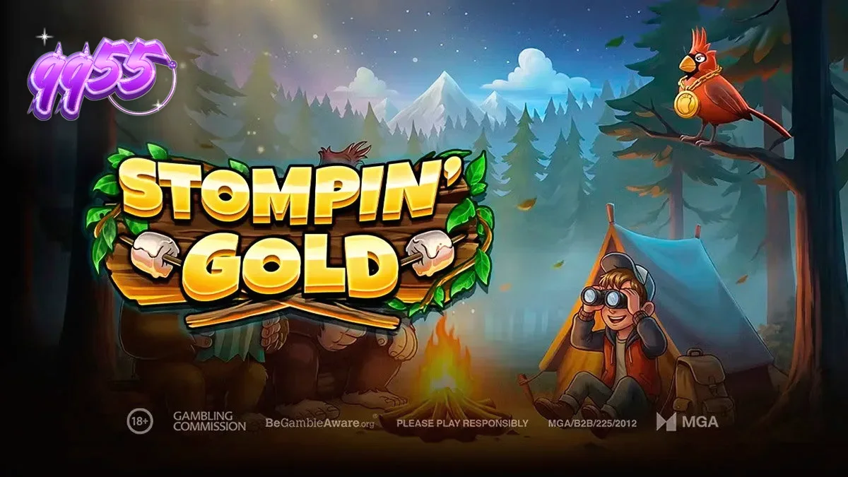 Cena de floresta enevoada com elementos de acampamento e personagens do slot Stompin' Gold